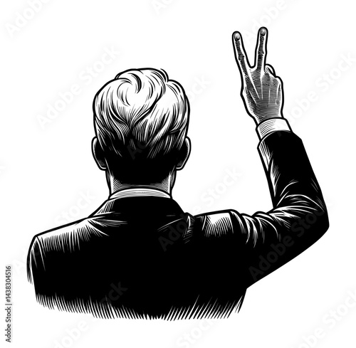 sketch drawing silhouette of male politician with victory sign finger raises up (artwork 2)