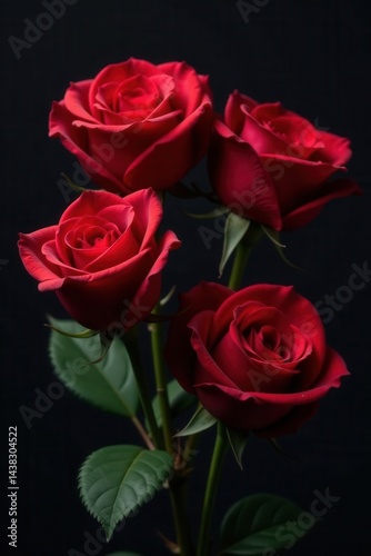 Three dark red roses, velvet petals, dramatic lighting, shadow, petals, crimson