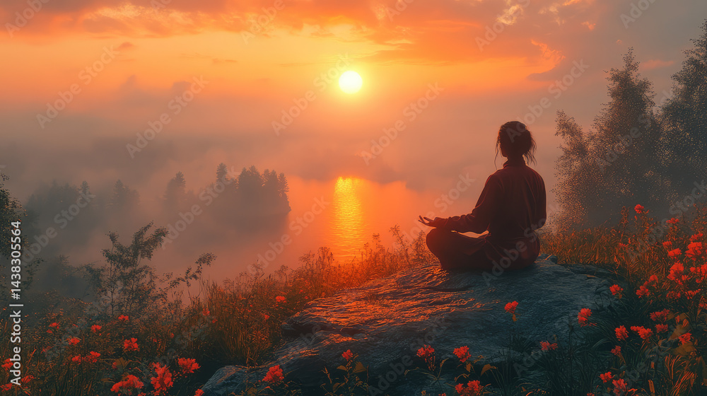 A serene landscape with a person practicing Tai Chi at sunrise