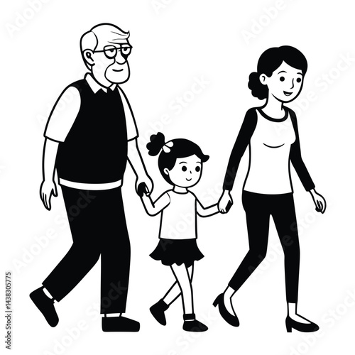 Walking Family, Black and White Illustration, Hand in Hand, Grandfather, Mother, and Child