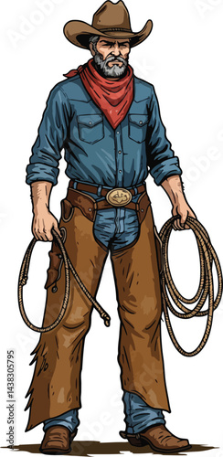Classic Wild West Cowboy with Lasso - Vintage Western Character Illustration