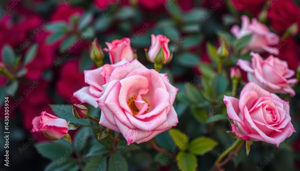 Soft-focus pink and red roses with lush green foliage, romantic Valentine's Day backdrop, botanical, festive Soft-focus pink and red roses with lush green foliage, romantic Valentine's Day backdrop, botanical, festive