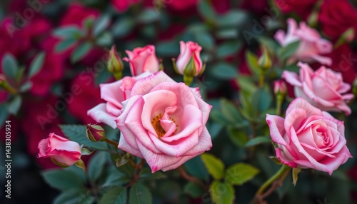 Soft-focus pink and red roses with lush green foliage, romantic Valentine's Day backdrop,  botanical,  festive