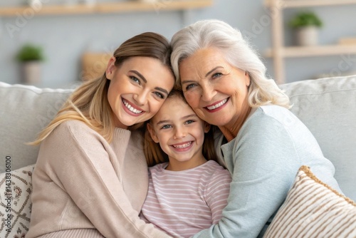 Smiling three generations of women together sharing love and joy in a cozy indoor setting