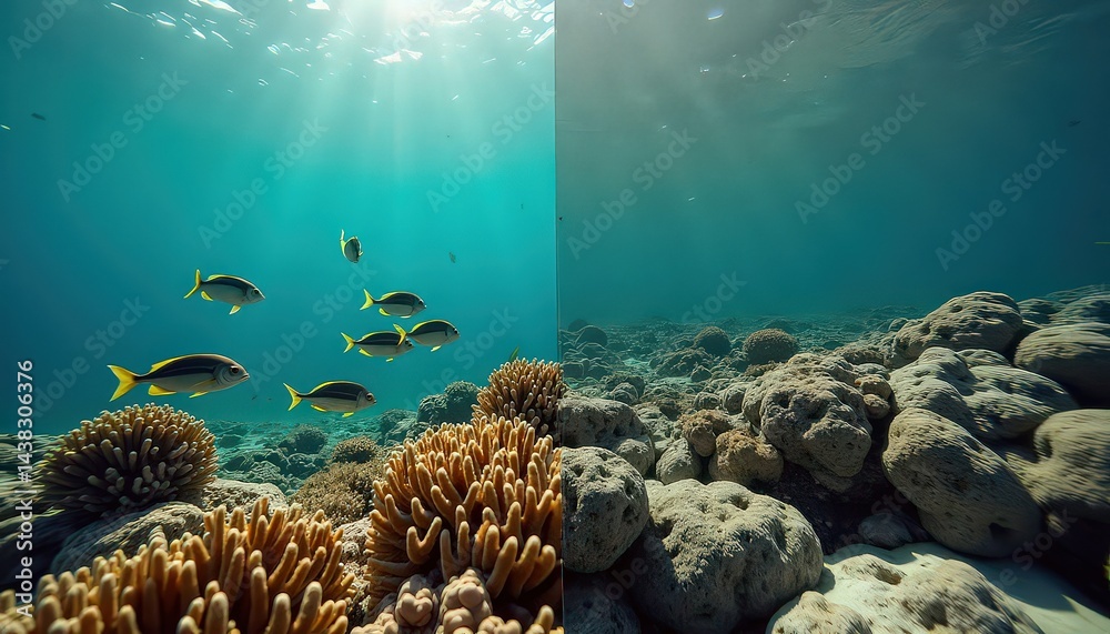 Obraz premium Diptych: on the left is a bright coral reef with fish, on the right are dead reefs in grey tones. Environmental issues. The concept of nature protection