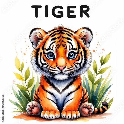 Tiger Flashcards with animals for children watercolor style on white background. Memorizing words. Studying animals. Early childhood learning and play flashcard set. 