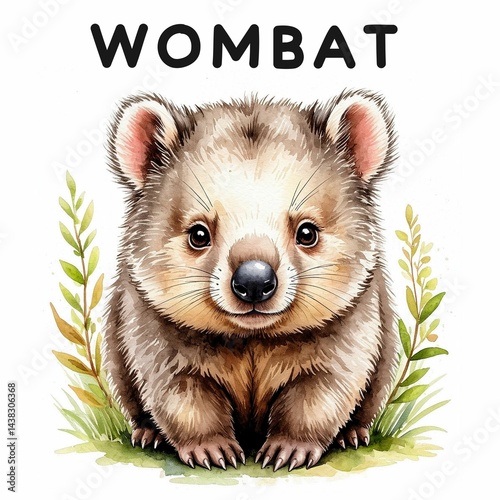 Wombat Flashcards with animals for children watercolor style on white background. Memorizing words. Studying animals. Early childhood learning and play flashcard set. 