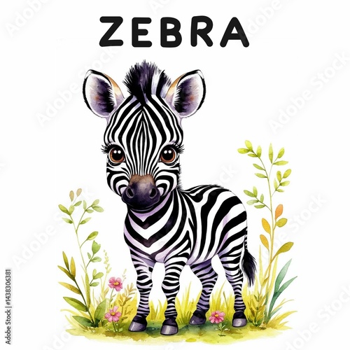 Zebra Flashcards with animals for children watercolor style on white background. Memorizing words. Studying animals. Early childhood learning and play flashcard set. 