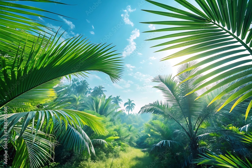 Fototapeta premium Lush Green Tropical Jungle Path in Paradise Under Blue Sky