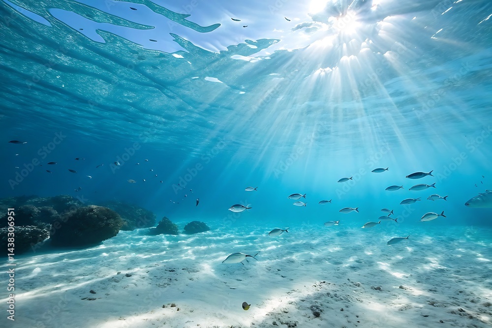 Fototapeta premium Underwater World: Sunlight and Fish in the Blue Sea