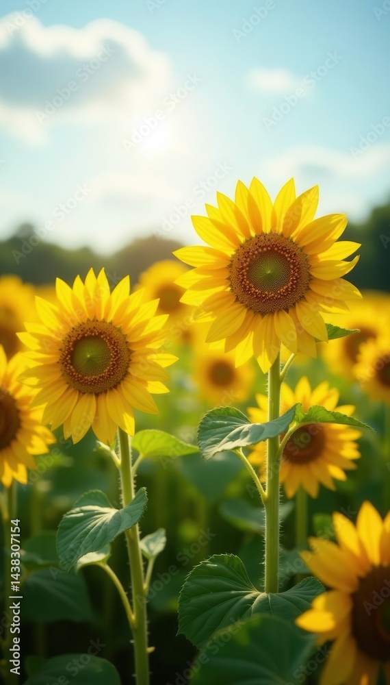 Fototapeta premium Vibrant sunflowers in a field, bright sunlight , summer, wildflowers, hot