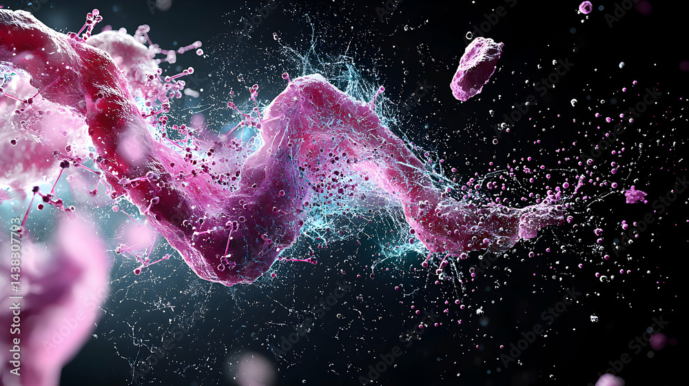 An abstract 3D rendering showcasing a network of cellular structures in vibrant pink hues against a dark background. Ideal for medical or scientific presentations. An abstract 3D rendering showcasing a network of cellular structures in vibrant pink hues against a dark background. Ideal for medical or scientific presentations.