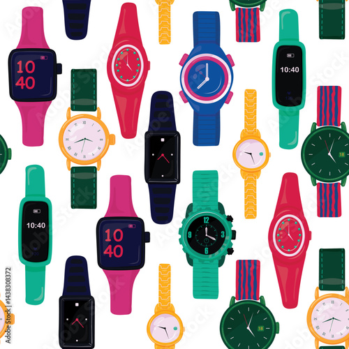 Vector seamless pattern of men's and women's watches and dials. Watches collection on white background. Bright hours. Vector illustration