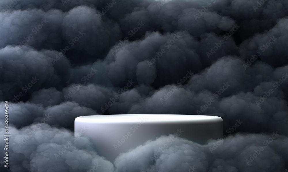 Surreal 3D render white podium amid darck clouds In center of screen