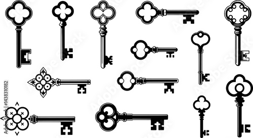 Collection of antique key vector illustrations on a white background