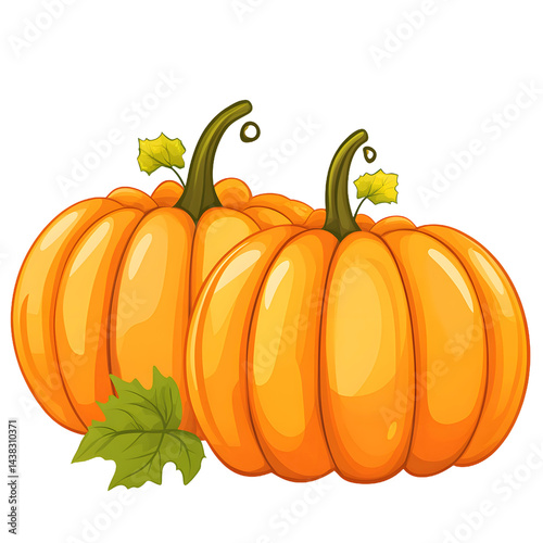 Two orange pumpkins with green stems and leaves on a white background.