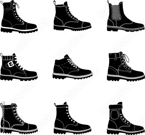 Black and white vector illustration of different style boots footwear collection