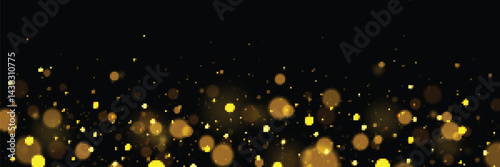 Abstract background of golden bokeh lights.  Many small, varied golden and amber colored circles of light are dispersed across the image, concentrated at the lower portion of the frame