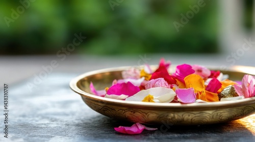 Detailed shot of flower petals arranged artistically on a brass puja thali for Diwali. Fragrant offering.