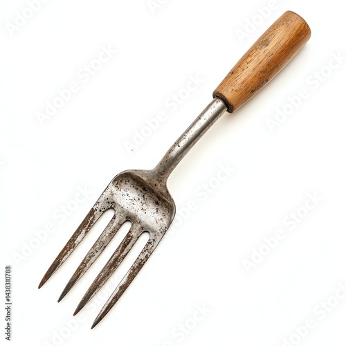 Garden fork with a wooden handle on a white isolated background