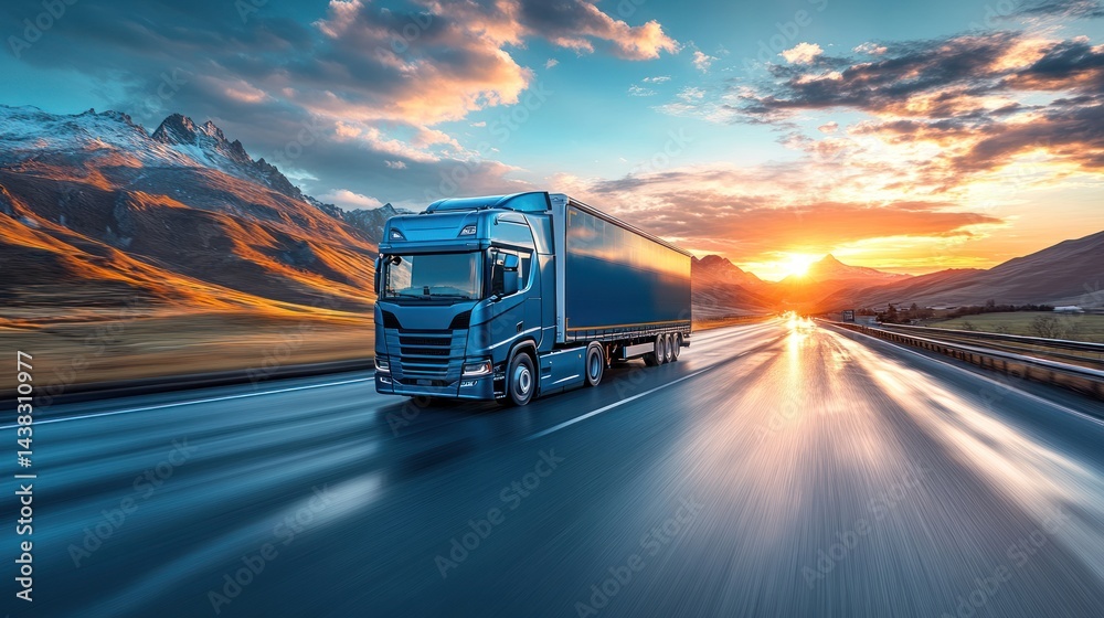 Blue truck driving on wet road with mountains and sunset in background.