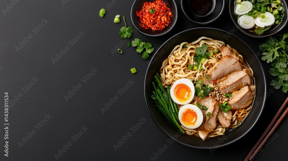 Delicious Bowl of Noodles Topped with Meat Eggs and Fresh Vegetables Delicious Bowl of Noodles Topped with Meat Eggs and Fresh Vegetables