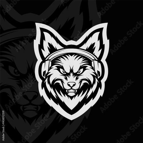 Angry wolf with headphone mascot animal esport character logo design, black white