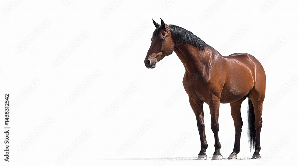 Obraz premium Alert Bay Horse Standing with Shiny Coat Against White Background