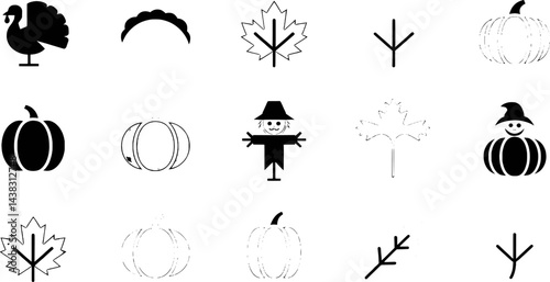Minimalist autumn icons collection featuring turkey pumpkin scarecrow and leaves