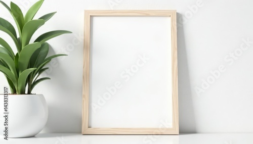 Simple white wooden photo frame against white wall Perfect for mockup , decor, photography, house