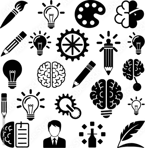 Creative thinking and design elements black silhouette vector illustration