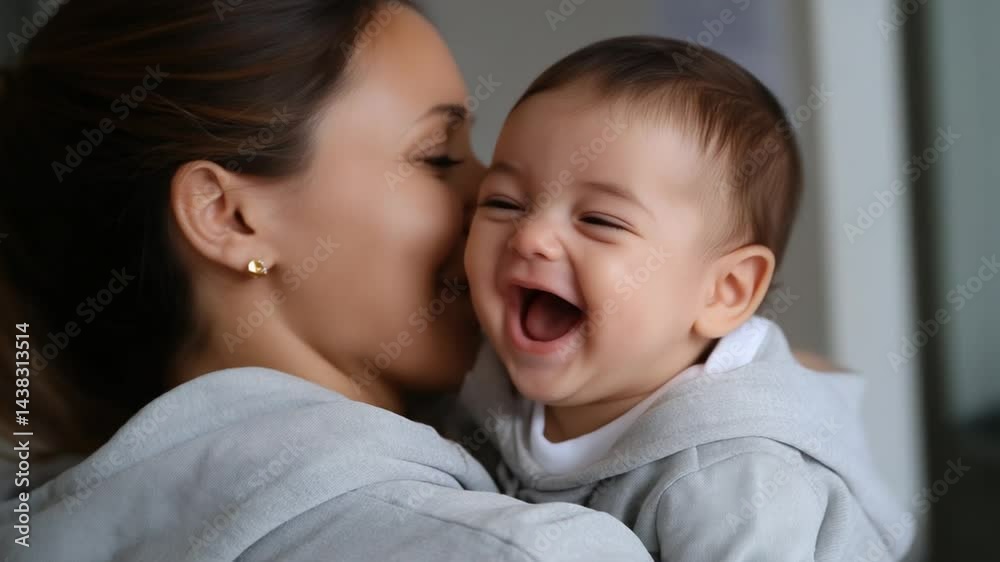 Adorable baby giggles while being lovingly held by a parent. Adorable baby giggles while being lovingly held by a parent.