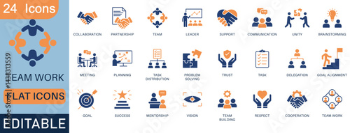 A professional flat icon set featuring teamwork, collaboration, leadership, support, and business communication concepts. Perfect for presentations, websites, and apps.