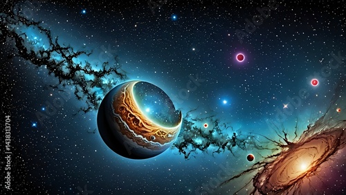 Fantasy planets and swirling galaxies in colorful deep outer space scene photo