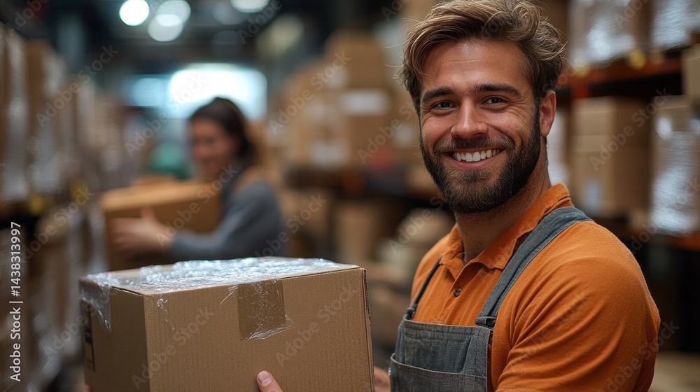 Man in warehouse holding box smiles with blurred person and boxes behind. Man in warehouse holding box smiles with blurred person and boxes behind.