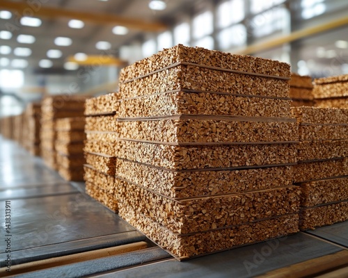 Stacked wood panels in a factory photo