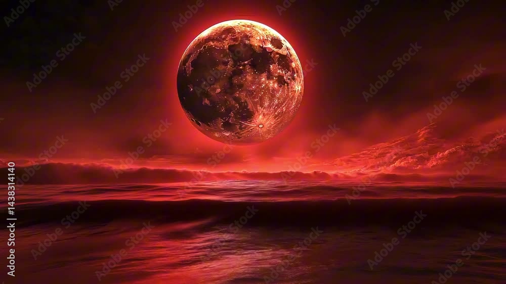 Fantasy red planet landscape with big moon rising over dark red ocean, alien world, red sky and clouds