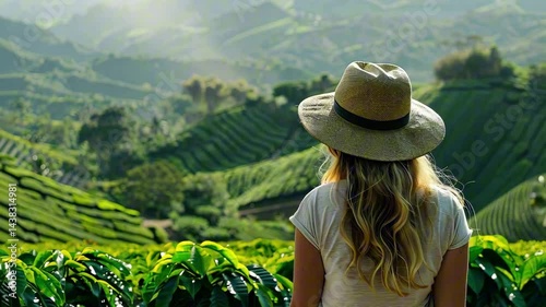 Blonde caucasian woman in hat watching mountain tea or coffee plantations with sunlight rays and mist in the distance. Concept of nature tourism and rural escape
