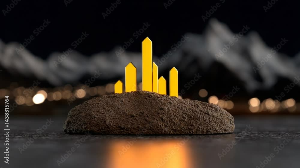 Abstract Concept of Growth and Progress with Yellow Pointed Structures on Dark Soil Background at Night