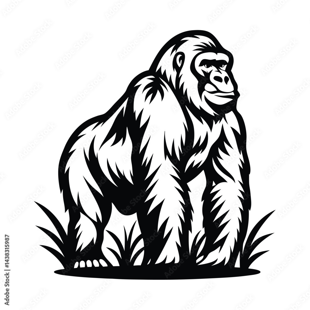Obraz premium Strong Gorilla Standing in Grass, Monochrome Silhouette | Wildlife Animal Design