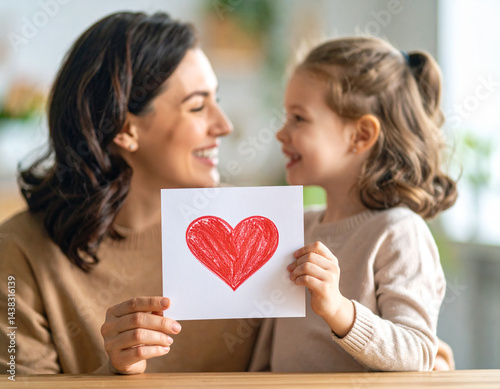 Petite fille offrant un dessin à sa maman. IA generated.