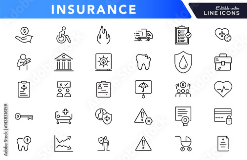 Insurance line icon set. Employe benefits, secure life, car accident, health, bank, property, coverage, security, guarantee, assurance, indemnity outline icon collection. UI thin outline icon pack