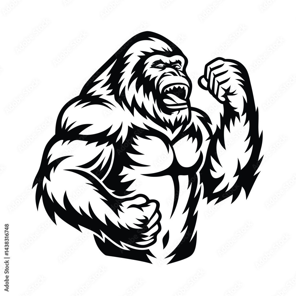 Fototapeta premium Aggressive Gorilla Silhouette, Powerful Primate, Muscular Arms, Roaring, Black and White