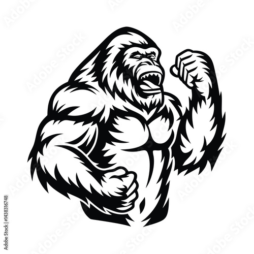 Aggressive Gorilla Silhouette, Powerful Primate, Muscular Arms, Roaring, Black and White