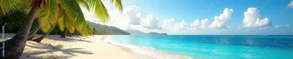 Obraz premium Sun-drenched shoreline, endless ocean, swaying palms create vibrant scene, holiday, vacation, relaxation