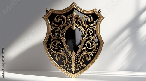 Vintage-style ornate shield with classical design and gold-accented patterns