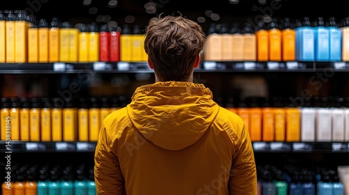 A man in a yellow jacket is looking at a shelf full of bottles. The bottles are of different colors and sizes, and the man seems to be interested in them. Concept of curiosity and exploration