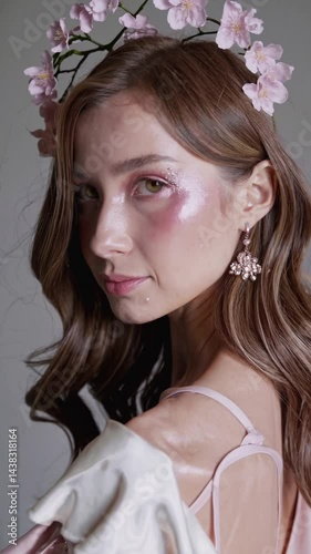 Female model - Vertical shot cherry blossom headpiece