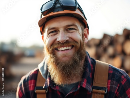 Portrait of smiling lumberjack with beard in hard hat, logging industry concept. Perfect for construction, forestry, skilled trades.