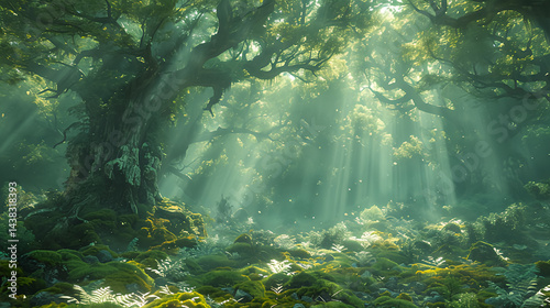 A photo of an immense tree in the Hyrcanian forest covered in moss. The setting is emotional, ethereal, and moody, with sporadic rays of light passing through the clouds.